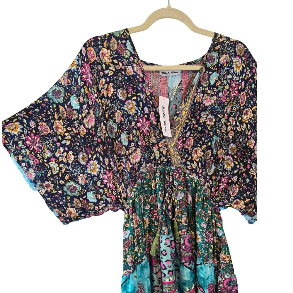 White Waves Bohemian Silk Blend Patchwork Maxi Dress Floral Paisley Tassel Blue - Picture 2 of 11